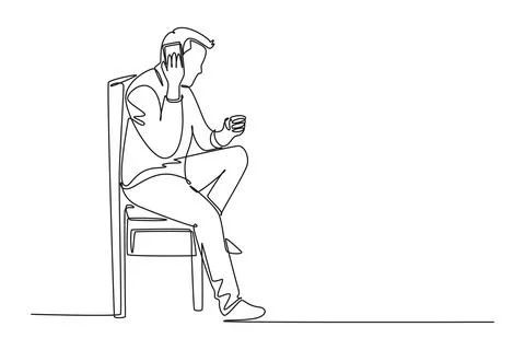 Single one line drawing young businessman sitting relax on work chair and t.. イラスト素材