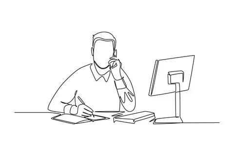 Single one line drawing of young male employee holding smartphone while wri.. Stock Illustration