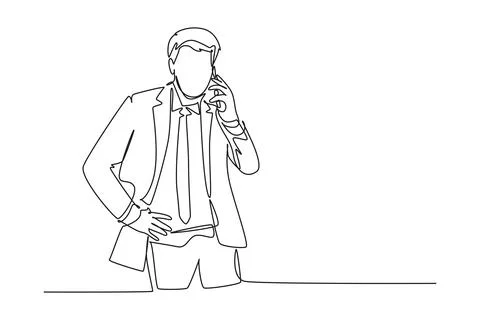 Single one line drawing young male startup CEO walking and holding smartpho.. Stock Illustration