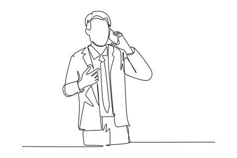 Single one line drawing of young startup CEO standing and holding a smartph.. Stock Illustration