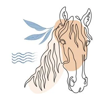 Single one line horse drawing with botanical elements vector イラスト素材