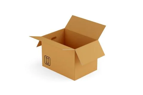 Single open, empty brown cardboard moving storage box over white background,  Stock Illustration
