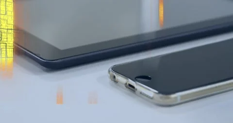 Single orange glow starting gold bars descending, aligning beside tablet phone, Stock Footage 328396786