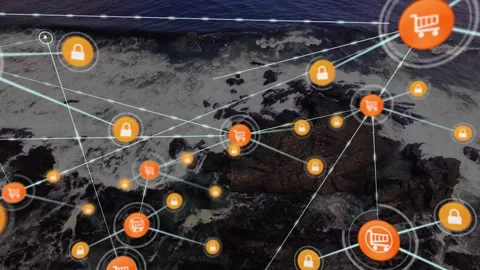 Single orange hub pulsing over waves, sending blue line growing cart-lock mesh Stock Footage 330355964