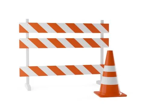Single orange traffic warning cone or pylon with street barrier on white back Stock Illustration