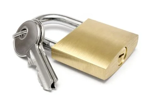 Single Padlock with Keys Isolated on a White Background 스톡 사진