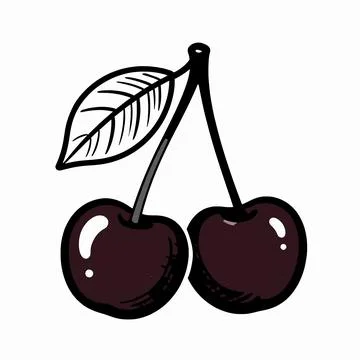 Single pair of ripe cherries on a stem with a leaf, vintage woodcut style f.. Illustrazione stock