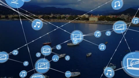 Single pale blue icon appearing near center, icons radiating, linking, showing Stock Footage 329786481