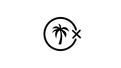 Single palm tree icon with circular arrow and cross mark animated on white .. 스톡 동영상 346497808