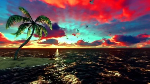 Single Palm Tree on a small Island with Seagulls flying around Stock Footage 90834239