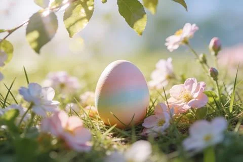 A single pastel-colored Easter egg rests in lush green grass surrounded by .. Stock Photos