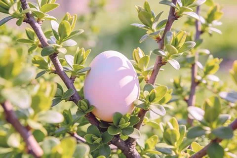 A single pastel Easter egg rests nestled among fresh green spring foliage o.. 스톡 사진