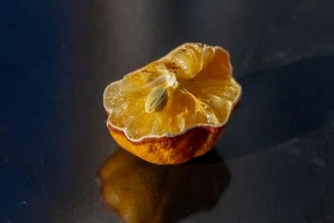 Single peeled citrus half with visible seed on dark reflective surface Stock-Fotos