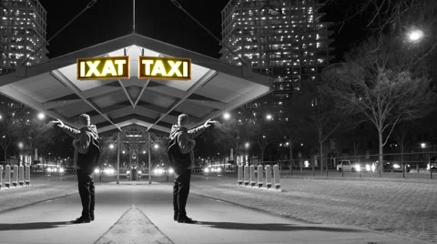 Single person waiting for cap at night. taxi sign background. black and white Stock-Footage 46021582