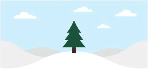 Single pine tree on snowy mound with clouds christmas evergreen landscape Stock Illustration