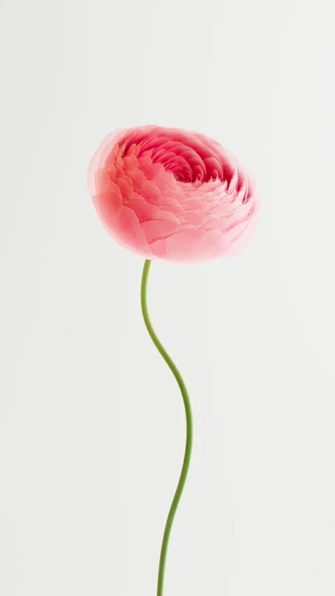 Single pink ranunculus flower rising and blooming gracefully on white backg.. Stock Footage 336245346