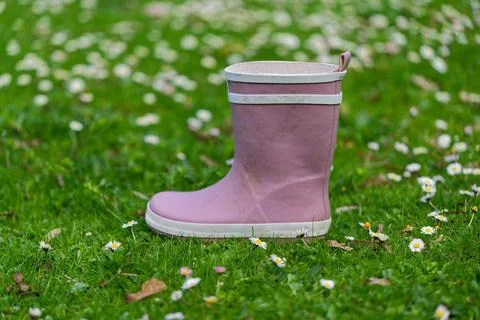 Single pink rubber boot with white stripes on grassy lawn Stock Photos