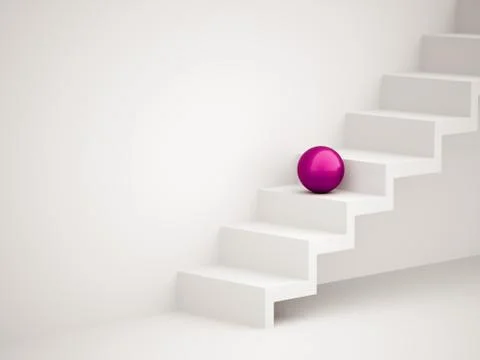 Single pink sphere on stairs rendered Stock Illustration