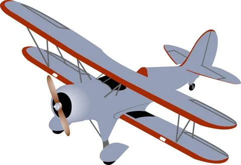 Single plane biplane in gray and red colors with a wooden propeller on a white Stock Illustration