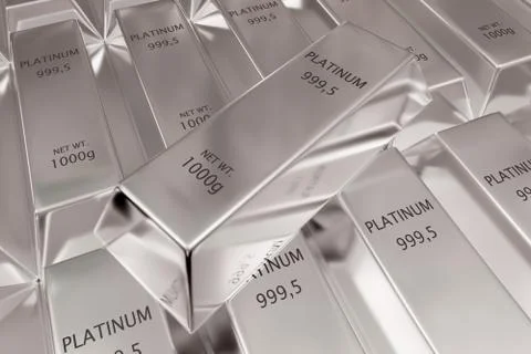 Single platinum ingot on stacked rows of shiny platinum ingots or bars backgr Stock Illustration