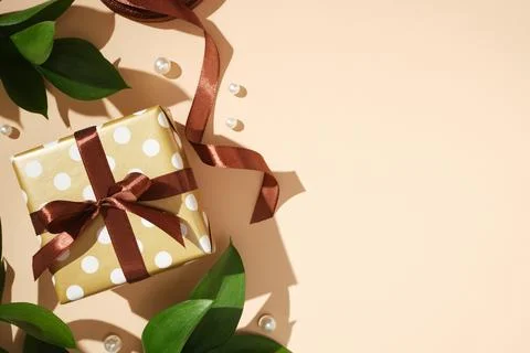 Single polka dot gift box with a brown ribbon, green leaves, and pearls on a  Stock-Fotos
