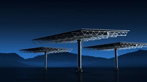 Single post solar tracker panels moving in the desert at night under a blue sky Stock Footage 288980128