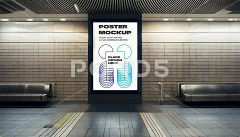 Single Poster Mockup In Subway Station PSD Template