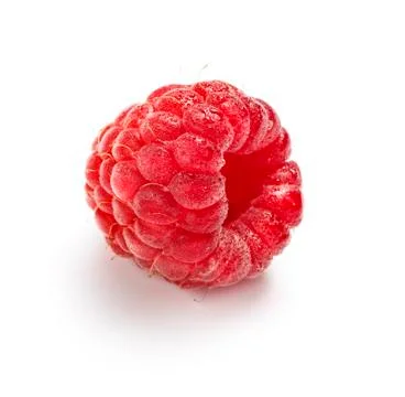 Single raspberry with drops on it, isolated on white background with shadow Stock Photos