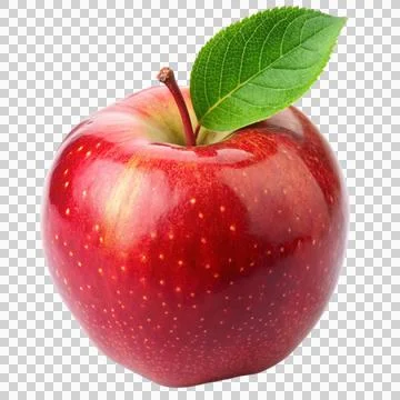 A single red apple with a green leaf, placed centrally on a white surface. Stock Photos
