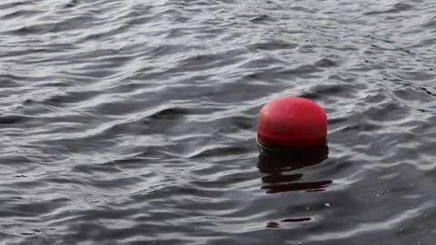 A single red buoy floats on the surface of calm water Stock Photos