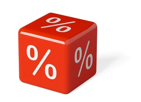 Single red cube or dice with percent sign symbol on white background, sale,.. Stock Illustration