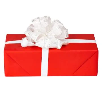 Single red gift box with silver ribbon on white background. Foto stock