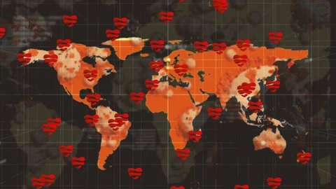 Single red heart starting world map fading, hearts appearing and heatmap rising, Stock Footage 329700944
