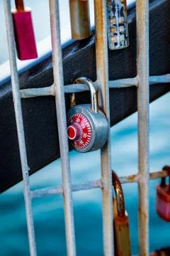 A SIngle Red Padlock Finds Isolation and Personal Distance 스톡 사진