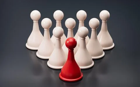 Single red piece stands out among blue game piece. The concept of a leader .. Ilustración de archivo