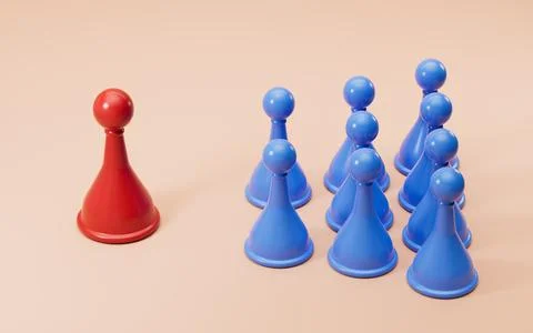 Single red piece stands out among blue game piece. The concept of a leader .. Stock Illustration