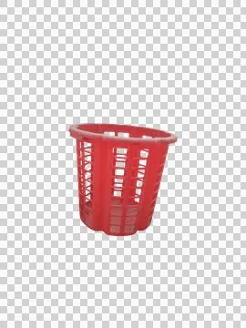 A single red plastic laundry basket with a perforated design is presented i.. 写真素材