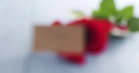 Single red rose with 8 march paper card on blue wood table focus pull Video stock 71643193