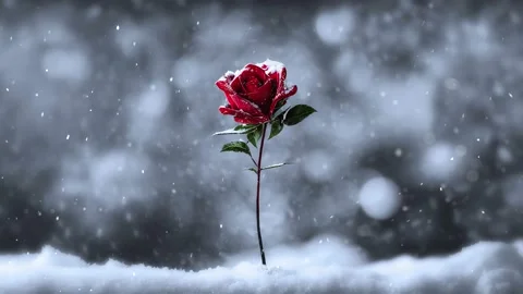 Single Red Rose Snowing Winter Background Seamless Loop Video stock 219639730