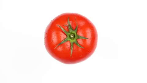 Single Red Tomato Rotating On White Background Top Down View Stock Footage 325435551