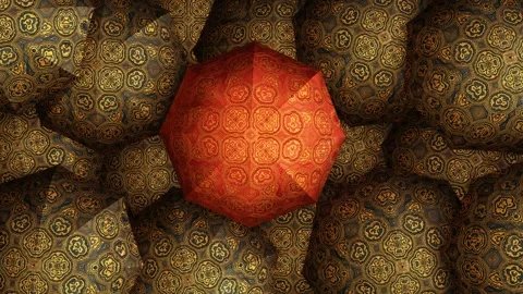 Single red umbrella surrounded by black umbrellas with golden ornament rendered Video stock 265941049