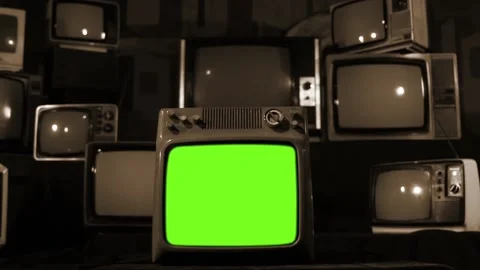 Single Retro TV in Stack Shutting Down Green Screen Sepia Tone Stock Footage 100094577
