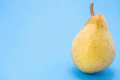 A single, ripe yellow pear is presented on a clean blue background, highlight Stock Photos