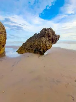 Single rock formation on a sand beach eroded to a sitting bird in profile ... Stock-Fotos