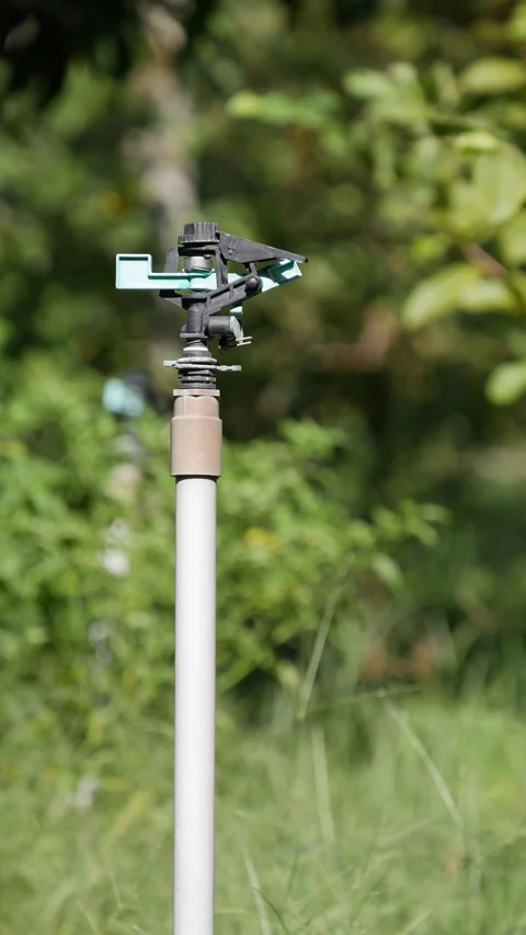 Single rotating irrigation sprinkler spraying water in a green field. Agricultur 스톡 동영상 341111817