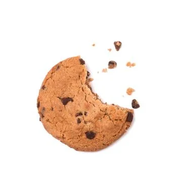 Single round chocolate chip biscuit with crumbs and bite missing, isolated on Stock Photos