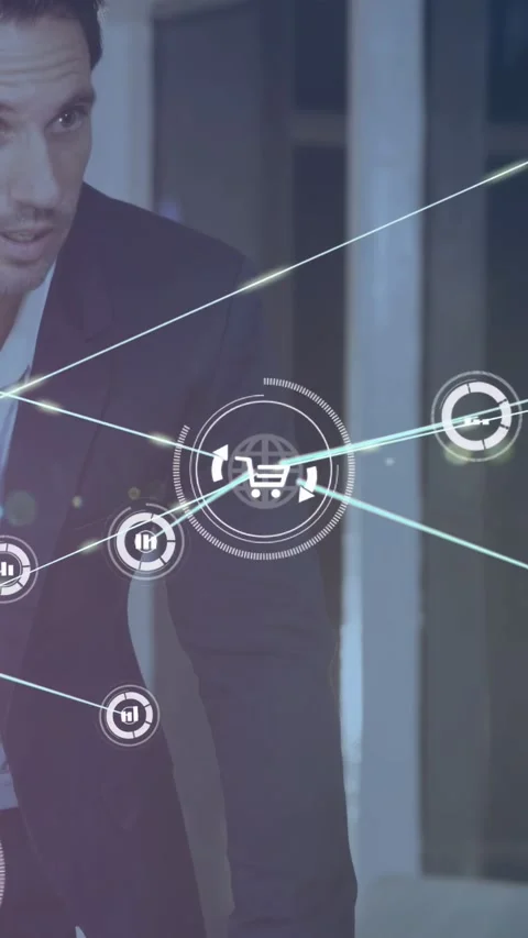 Single round GUI ring appearing, man leaning watching cart node expanding, team Stock Footage 332823453