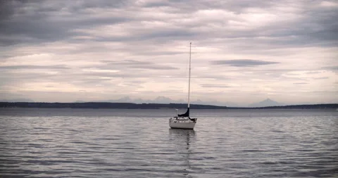 Single sail boat floating on calm waters Stock Footage 169002081