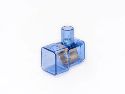 Single screw electro cable connector with blue transparent shield shot on white. Stock Photos