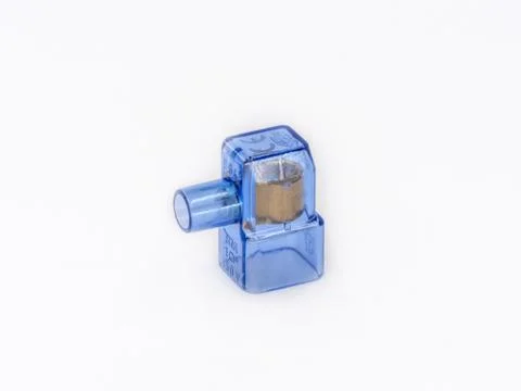 Single screw electro cable connector with blue transparent shield shot on white. Stock Photos